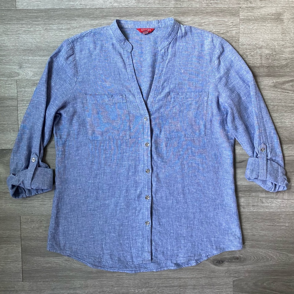 Guess Linen Blend Blue Button Down Shirt Small